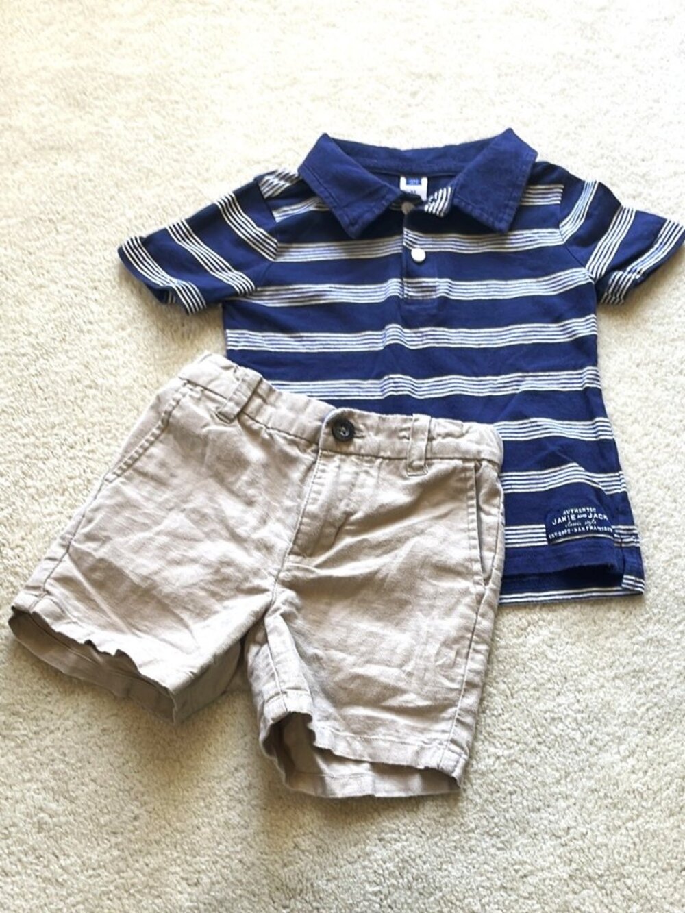 Janie and Jack Outfit Set Navy Blue Stripe Polo and Khaki Shorts Boys Size 2T